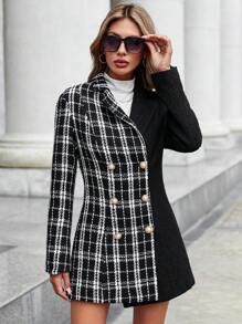 SHEIN Clasi Rutigt Mönster Dubbelbröst Tweed Överkappor