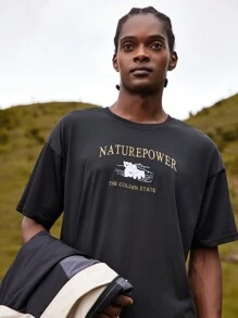 In My Nature 男士字母圖案落肩T恤 - 黑色 - 查看 6