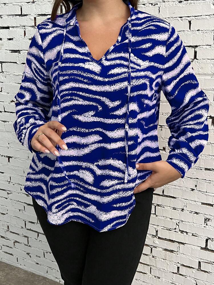 Plus Zebra Striped Tie Neck Blouse