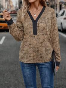 EMERY ROSE 滿版印花拼接邊燈籠袖襯衫 - 彩色 - 查看 5