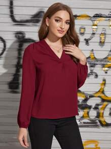 SHEIN Clasi V領燈籠袖素色襯衫 - 酒紅色 - 查看 3