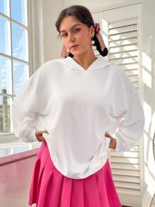 SHEIN EZwear 女款大尺碼字母印花連帽落肩運動衫 - 白色 - 查看 2