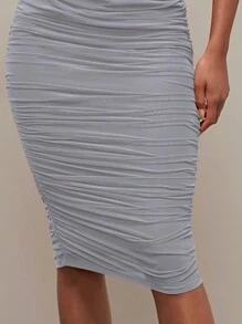 SHEIN BAE 素色褶邊抹胸緊身連衣裙 - 霧霾藍 - 查看 4