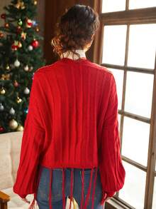 Knit Mix Fringe Hem Thả vai Áo len Mở - Đỏ - Xem 2