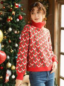 Knit Mix Geo Pattern Drop Shoulder Sweater