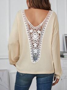 SHEIN Unity Guipure Lace Insert Drop Shoulder Tee - Apricot - View 3