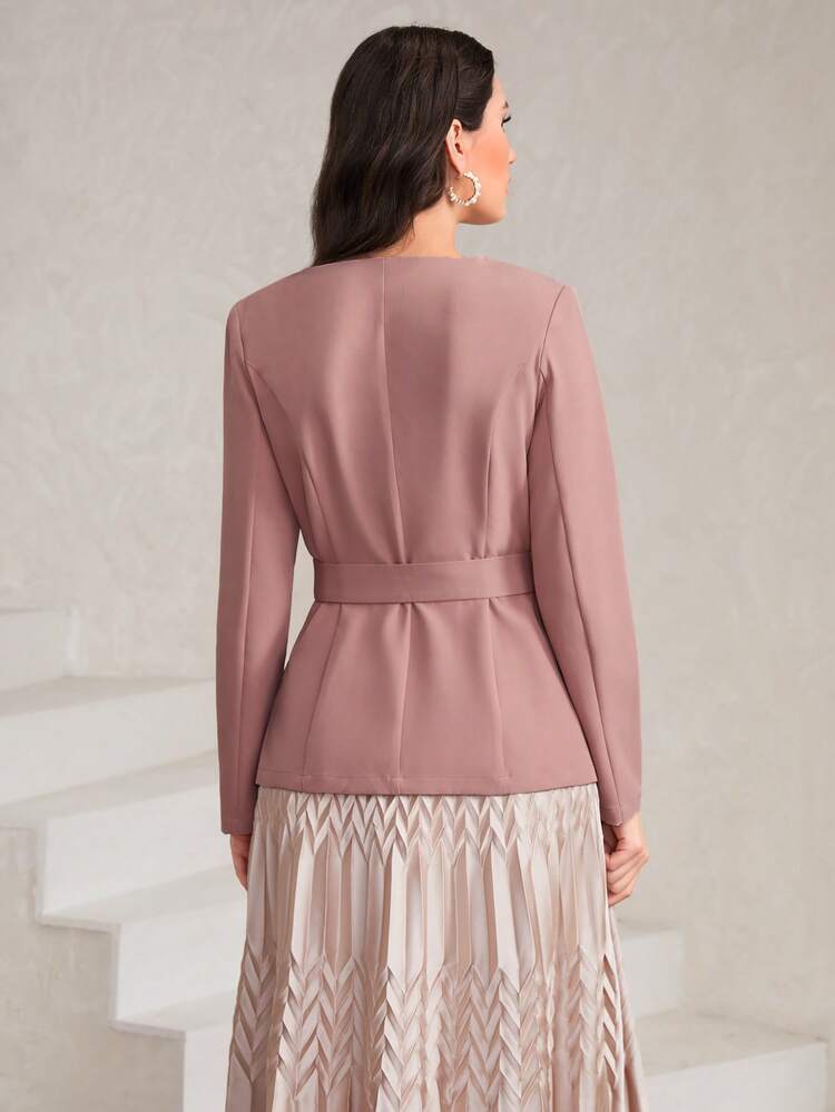 Square Neck Flap Detail Belted Coat Fall Cloth For Women