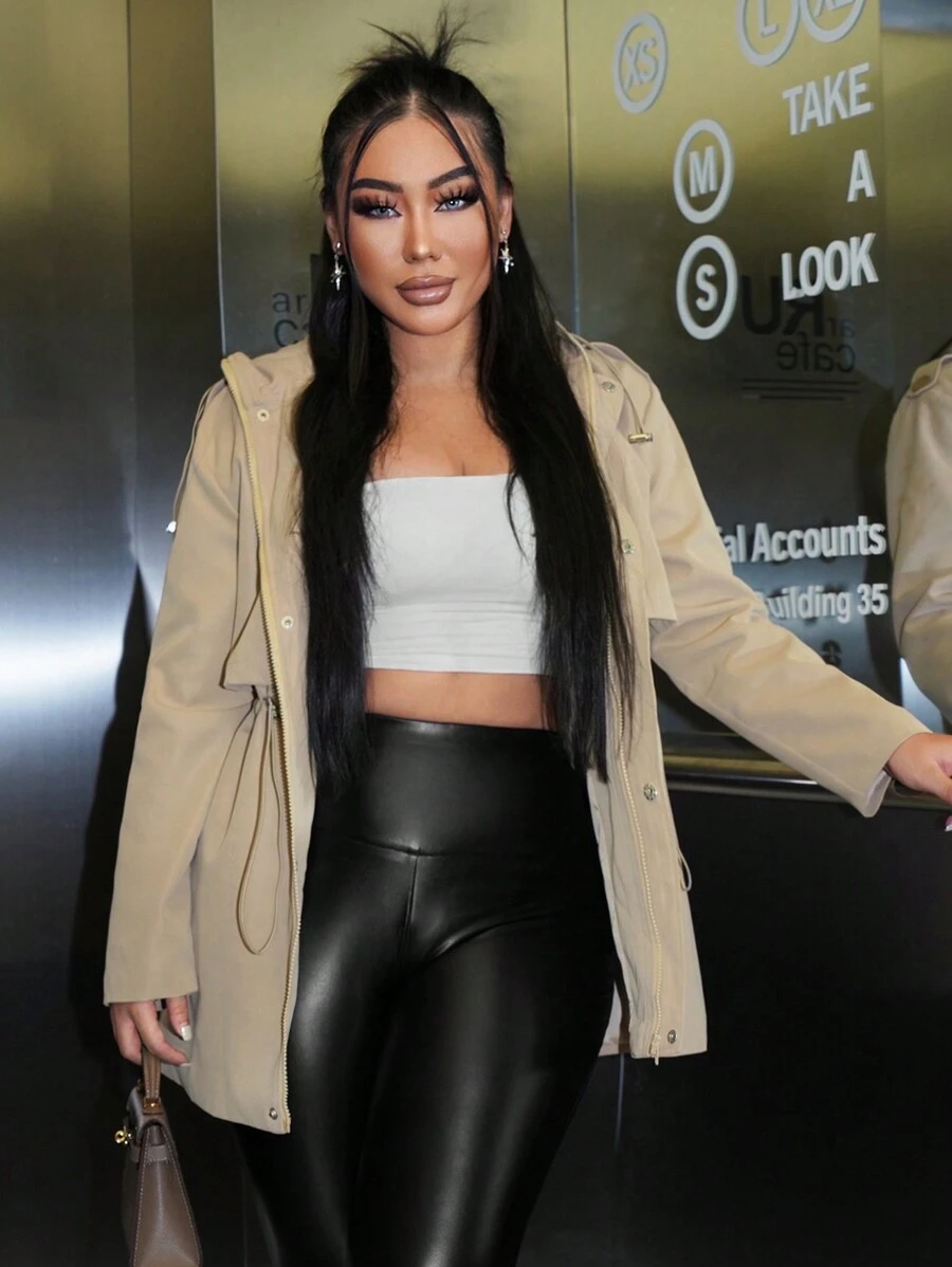 SHEIN SXY Áo khoác có dây rút thắt lưng có mũ trùm đầu - Màu Khaki - Xem 1