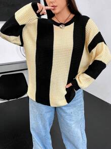Flirla Plus Two Tone Drop Shoulder Sweater Knit Pullover Fall Winter Sweater - Multicolor - View 3