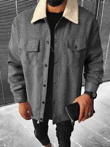 Manfinity Homme 寬鬆男式貝殼絨領翻蓋口袋外套 - 深灰色 - 查看 1