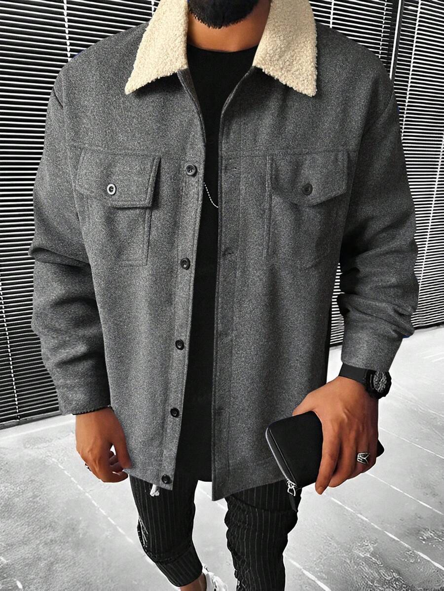 Manfinity Homme 寬鬆男式貝殼絨領翻蓋口袋外套 - 深灰色 - 查看 1