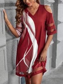 SHEIN Clasi 撞色挖肩嵌入網紗洋裝 - 酒紅色 - 查看 3