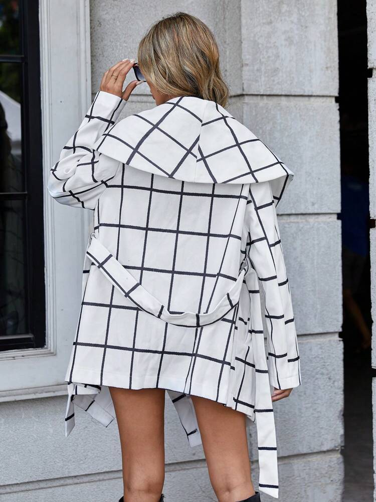 Grid Print Waterfall Collar Belted Asymmetrical Hem Drop Shoulder Wrap Hem Belted Coat