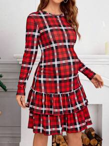 SHEIN 孕婦格紋印花荷葉邊洋裝 - 紅色 - 查看 6