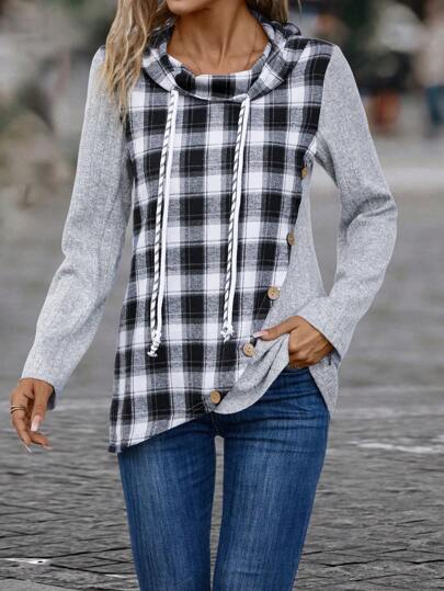 SHEIN LUNE Camiseta con estampado de cuadros con cordón con capucha