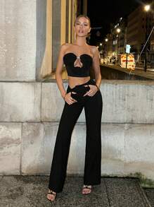 SHEIN ICON 立體花卉前鏤空短款抹胸上衣 - 黑色 - 查看 3