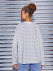 SHEIN 少女休閒條紋圖案長袖t恤 - 黑與白 - 查看 2