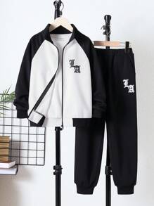 SHEIN Bộ 2 quần áo dệt kim in họa tiết tương phản cổ đứng tay áo có khóa kéo và quần màu trơn cho bé trai tuổi mới lớn, lót nhiệt, dày - màu đen - Xem 2