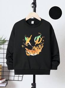 SHEIN 男大童卡通圖案落肩袖套頭衫 - 黑色 - 查看 2