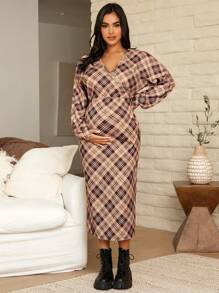 SHEIN Thai sản In kẻ sọc Surplice cổ Đầm - Màu nâu  Mocha - Xem 1
