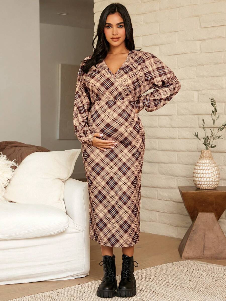 SHEIN Thai sản In kẻ sọc Surplice cổ Đầm - Màu nâu  Mocha - Xem 1