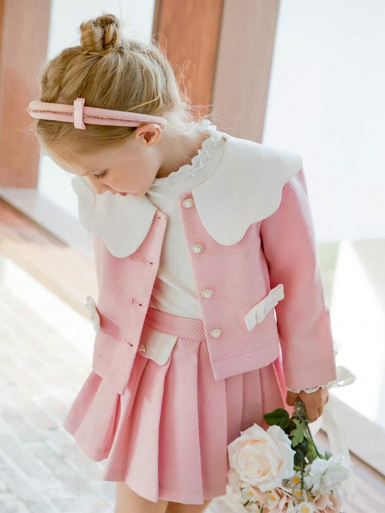 Young Girl Statement Collar Jacket & Pleated Skirt - Pink - View 4