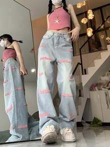 Letter Graphic Wide Leg Jeans - Pink - View 7