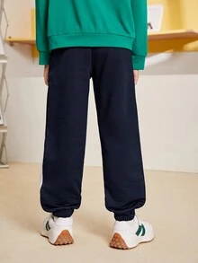 SHEIN Cậu bé Tween Băng tương phản Eo dây rút Quần thể thao - Màu xanh hải quân - Xem 9