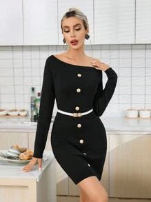 GENKIRA Off Shoulder Chi tiết Nút Váy len bó sát Không có thắt lưng - màu đen - Xem 6