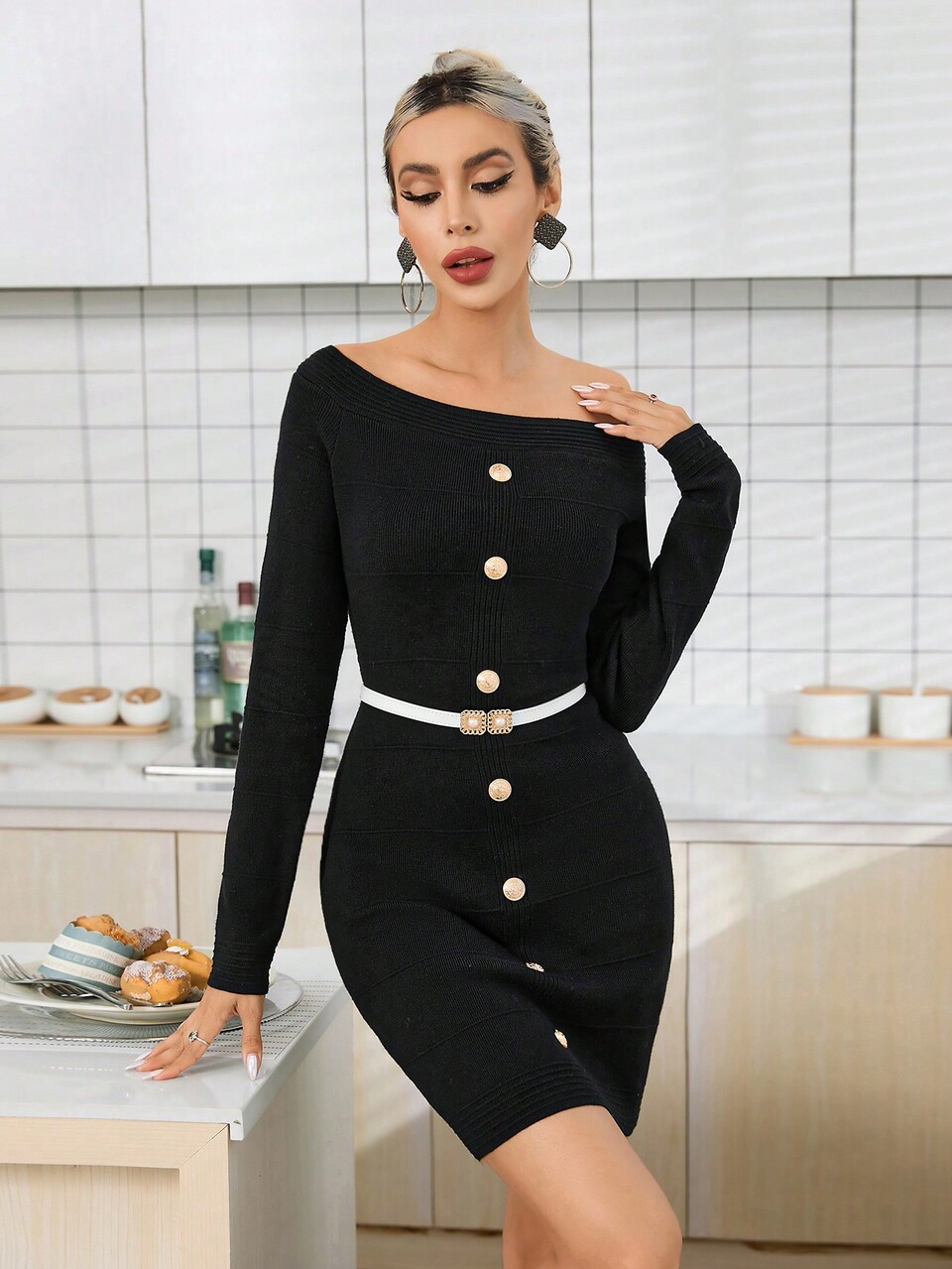Off Shoulder Button Detail Bodycon Sweater Dress Without Belt Fall Cloth For Women
