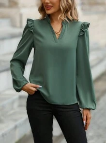 SHEIN LUNE Đường viền cổ có rãnh Viền Ruffle Tay áo lồng đèn Áo sơ mi - xanh quân đội - Xem 5