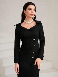 Modelyn Cổ Trái tim Chi tiết Nút Viền chia cắt Đầm - màu đen - Xem 6