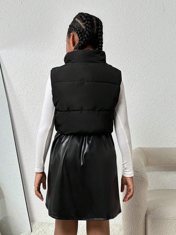 Tween Girl Zip Up Sleeveless Padded Coat & Bow Front PU Skirt