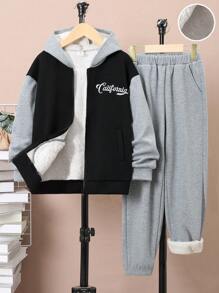 SHEIN Tween Boy Letter Graphic Thermal Lined Hooded Jacket & Sweatpants - Multicolor - View 1