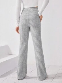 SHEIN 少女针织纯色羊毛皱褶腰部扭结喇叭裤 - 灰色 - 查看 2