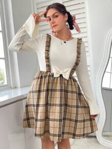 SHEIN EZwear 女性大碼格紋荷葉邊帶洋裝 - 卡其色 - 查看 2