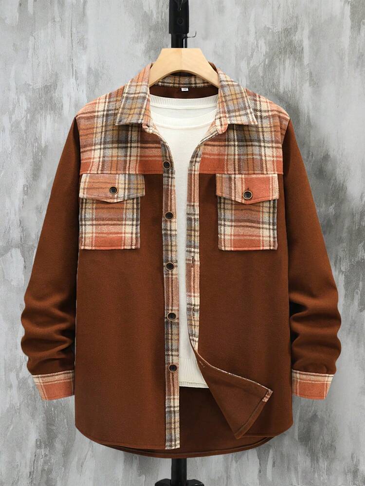 Men Plus Plaid Print Flap Pocket Shacket Without Tee
