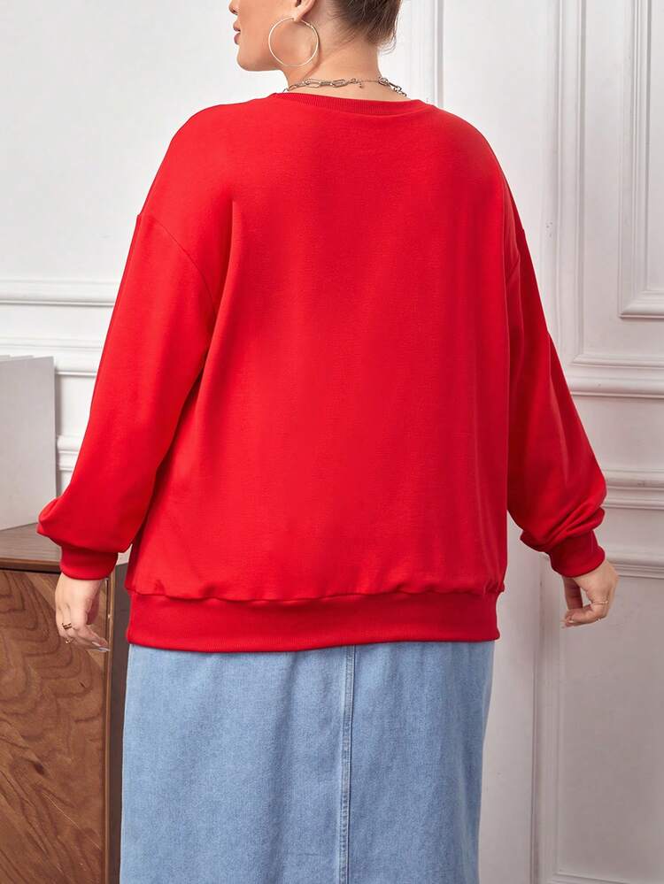 Women'S Plus Size Warm Fleece Letter Printed Christmas Red Sweatshirt, New Year