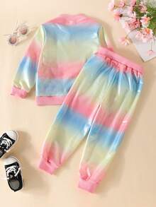 2 件套女童休闲套装，彩虹渐变夹克 + 裤子，秋冬 - 粉色 - 查看 2