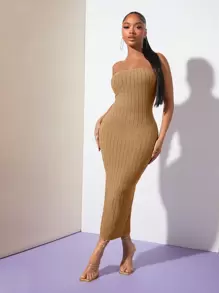 SHEIN SXY Solid Tube Bodycon Dress - Camel - View 1