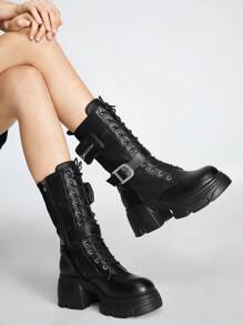 ROMWE Grunge Punk Women Buckle Decor Lace-up Front Combat Boots, Punk Outdoor Fashion Boots - Black - View 1