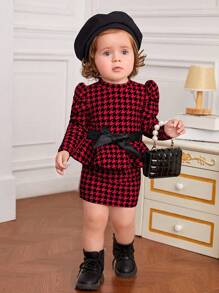 SHEIN Váy tay bồng in họa tiết răng sói cho bé gái, dành cho Giáng sinh - Nhiều màu - Xem 1