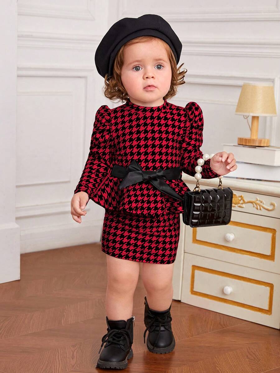 SHEIN Váy tay bồng in họa tiết răng sói cho bé gái, dành cho Giáng sinh - Nhiều màu - Xem 1