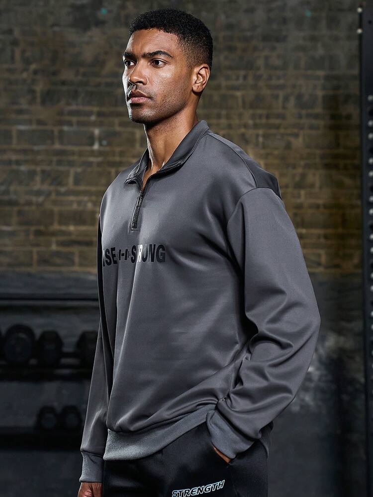 Men Letter Graphic Quarter Zip Sports Jacket Workout Tops Grey Jacket Sports Jacket