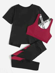 Studio SHEIN Sport 3 قطع مجموعة تمارين رياضية للسيدات شاملة على صدرية رياضية وبلوزة وبنطال للاحتفال برأس السنة الصينية الجديدة
