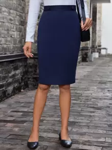EMERY ROSE High Waist Button Detail Pencil Skirt - Navy Blue - View 4