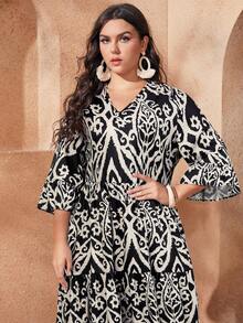 Plus Damask Print Flounce Sleeve Dress - Multicolor - View 4