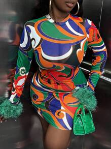 Slaydiva 大碼滿版印花毛茸茸袖口緊身洋裝 - 綠色 - 查看 1