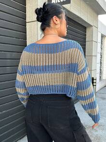 SHEIN EZwear 大碼條紋圖案網眼針織落肩袖套頭毛衣 - 彩色 - 查看 2