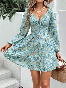 SHEIN VCAY Floral Print Knot Front Lantern Sleeve Ruffle Hem Dress - Green - View 3